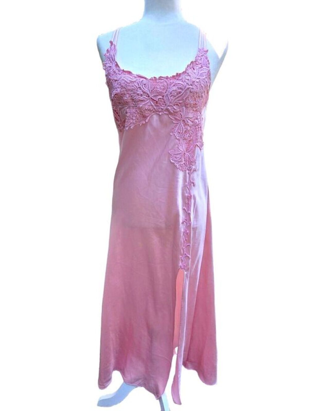 Vintage Flora Pink Satin Floral Lace Slit Maxi Slip Dress Nightgown XL